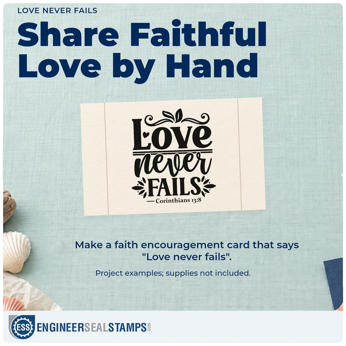A finished handmade project stamped with the Love Never Fails Rubber Stamp – Wood Handle, ideal for wedding programs.