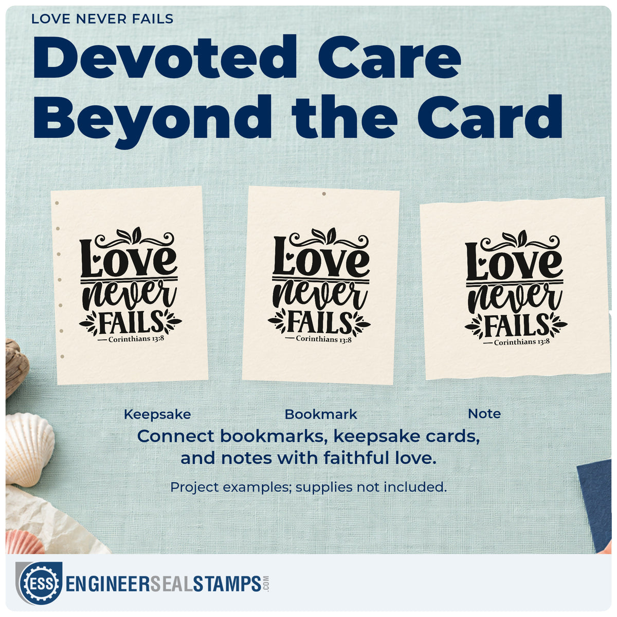 Three project examples made with the Love Never Fails Rubber Stamp – Wood Handle, including couple scrapbooks.