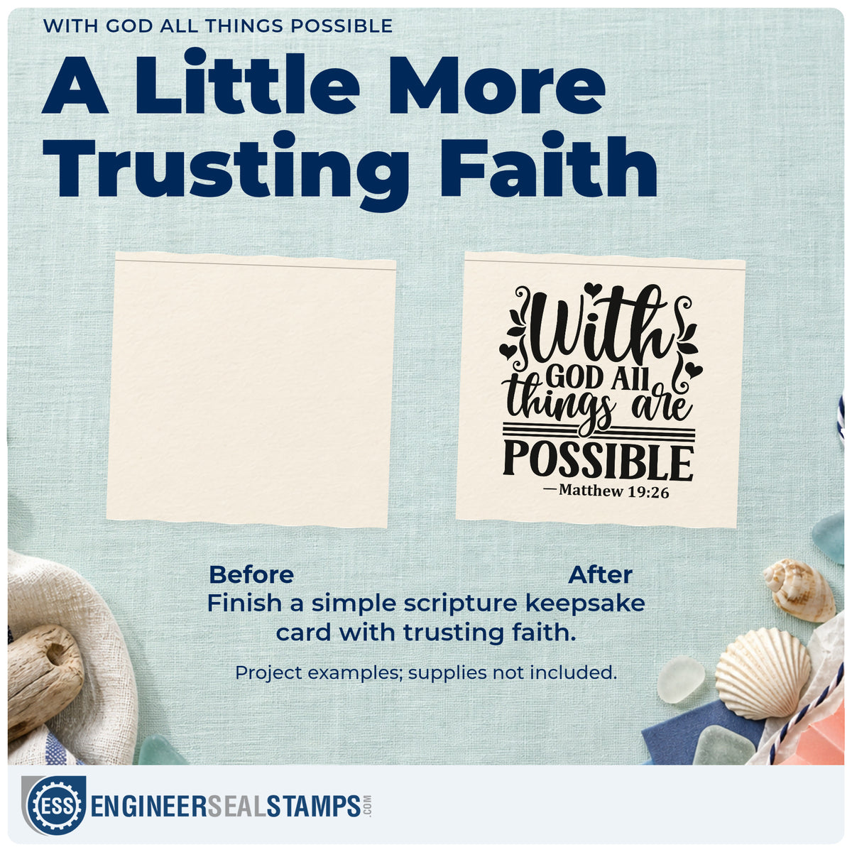 Before and after of a plain item finished with the With God All Things Are Possible Stamp – Wood Handle, a quick upgrade for marathon bib cards.