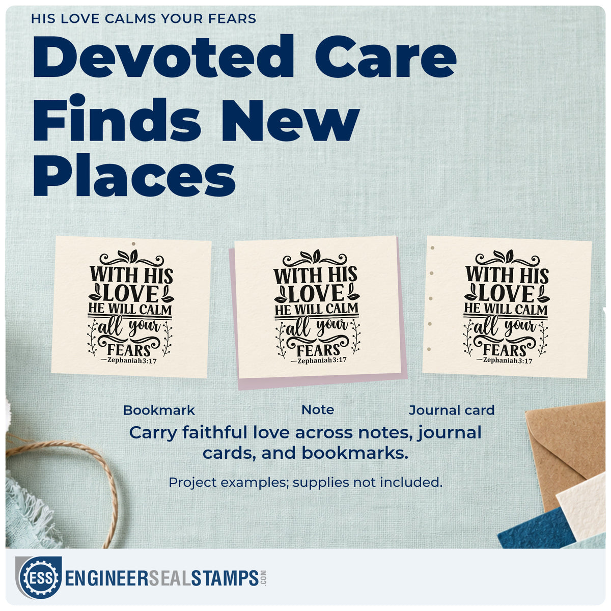 Three project examples made with the His Love Calms Your Fears Rubber Stamp – Wood Handle, including hospital care kits.