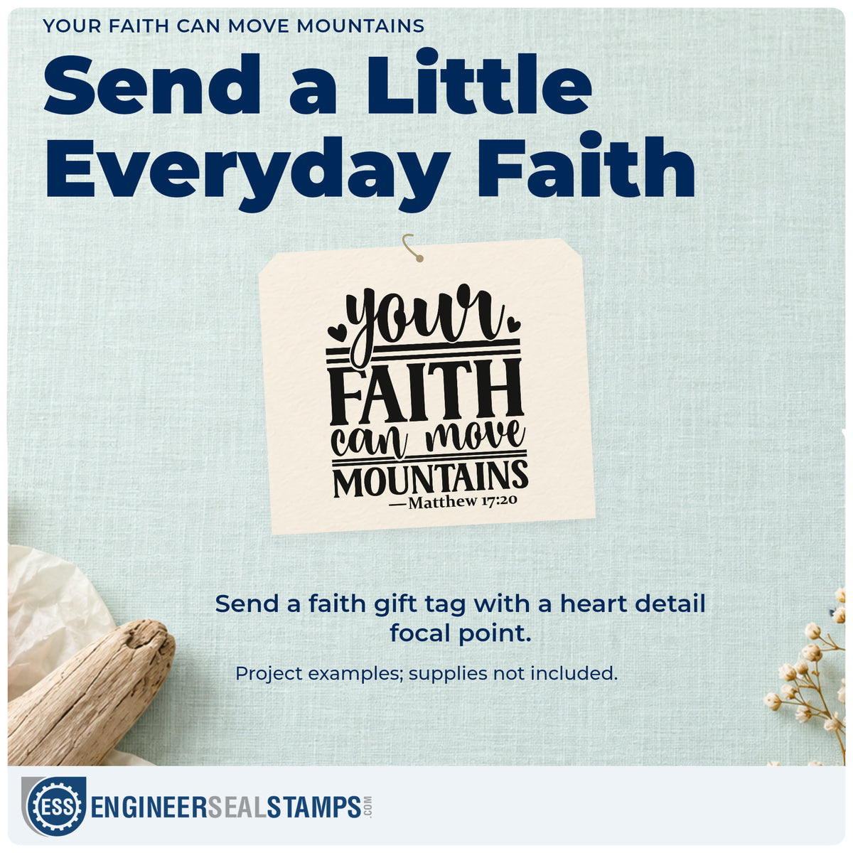 A finished handmade project stamped with the Your Faith Can Move Mountains With Hearts Wood Handle Stamp, ideal for mustard seed favors.