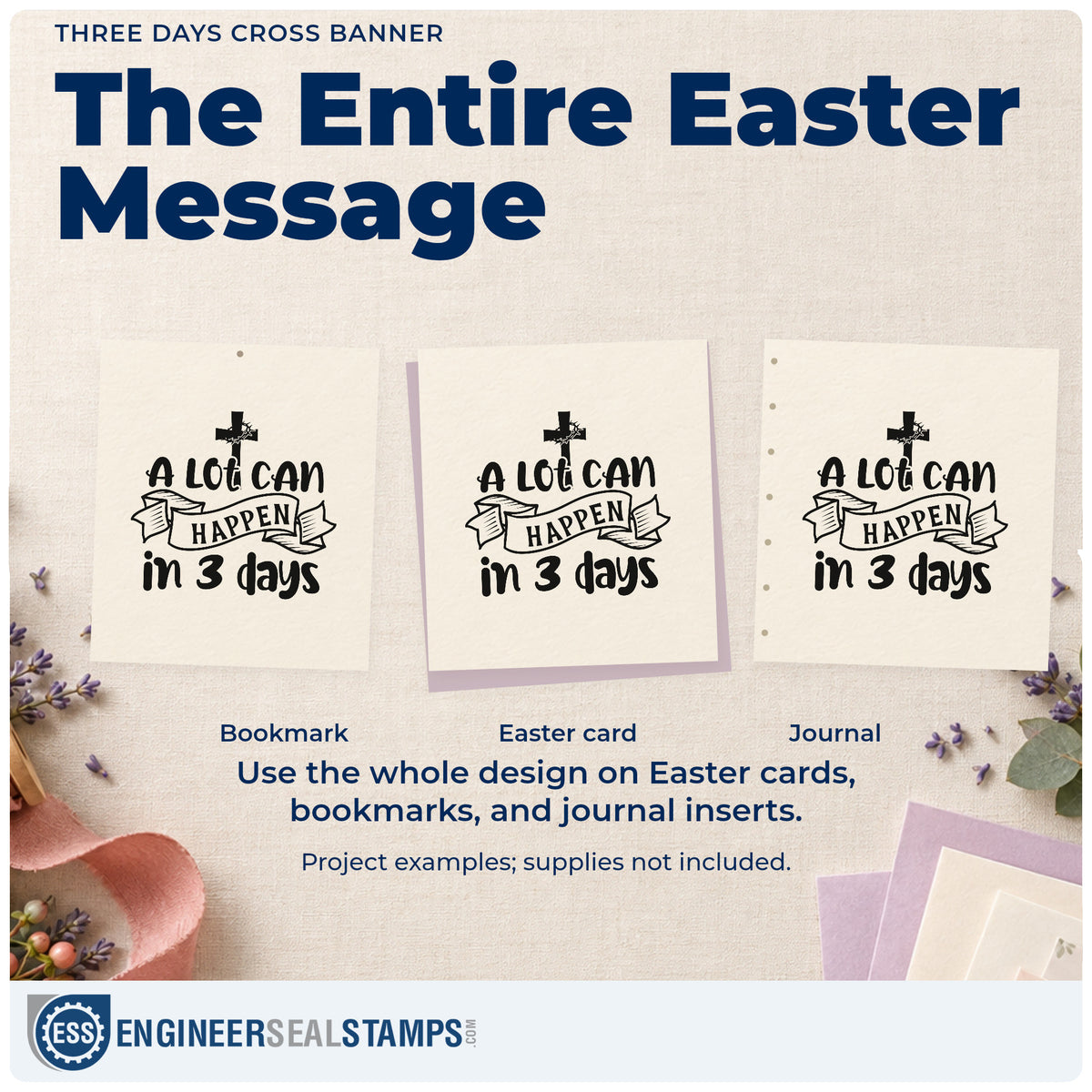 Three project examples made with the Three Days Cross Banner Wood-Mounted Rubber Stamp, including resurrection pages.