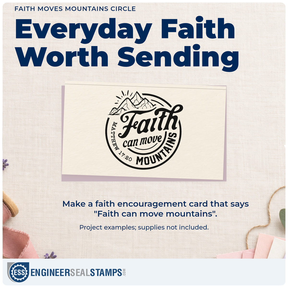 A finished handmade project stamped with the Self-Inking Faith Moves Mountains Circle Outline Detail Stamp, ideal for hiking club tees.