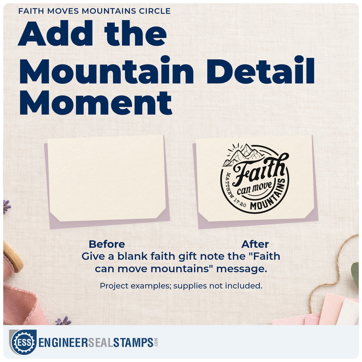 Before and after of a plain item finished with the Self-Inking Faith Moves Mountains Circle Outline Detail Stamp, a quick upgrade for camp name tags.