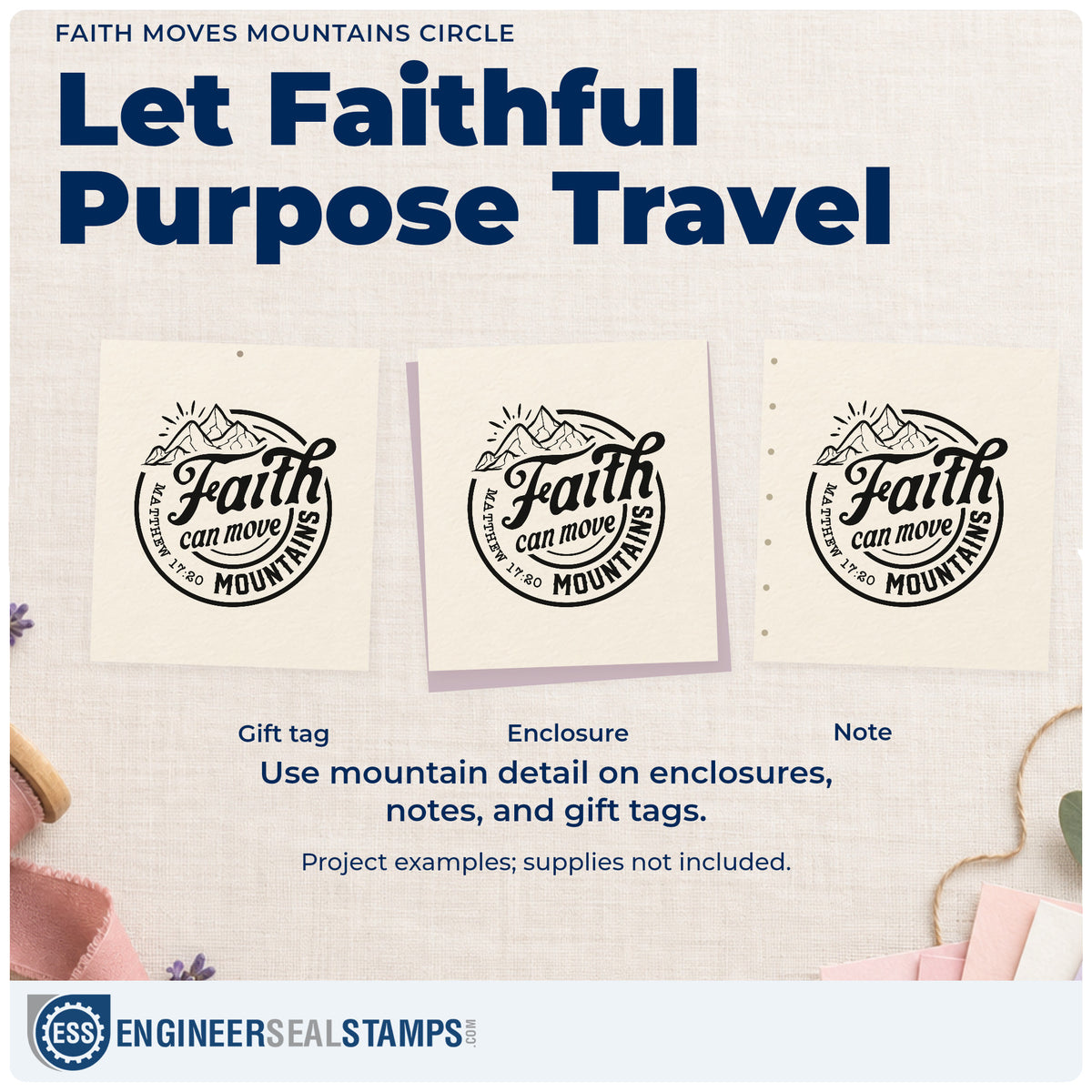 Three project examples made with the Self-Inking Faith Moves Mountains Circle Outline Detail Stamp, including summit scrapbooks.