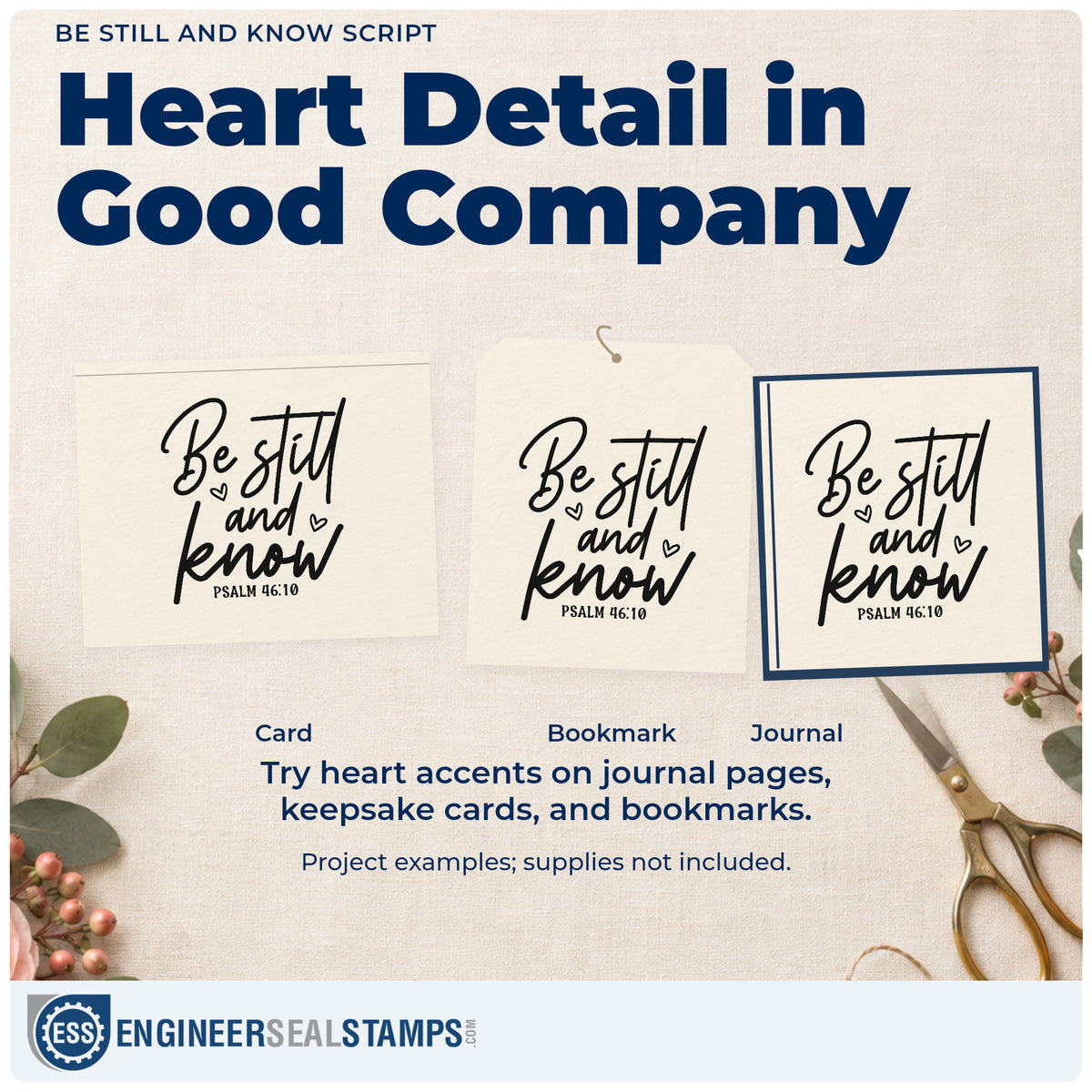 Three project examples made with the Be Still And Know Script Pre-Inked Stamp – Slim, including quiet season pages.