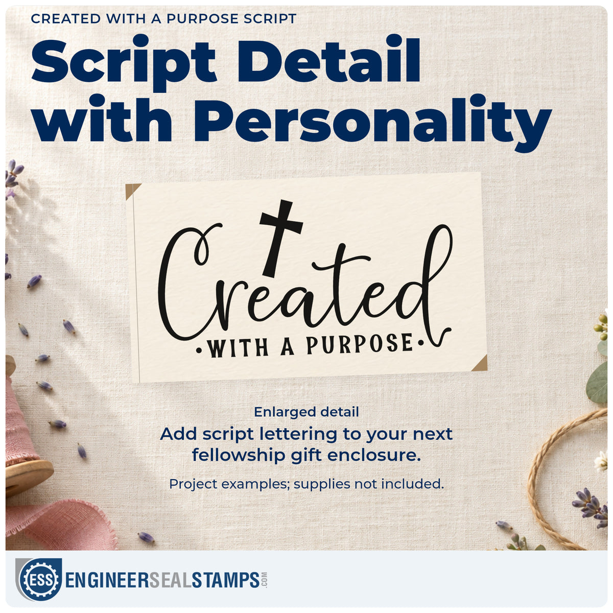 Enlarged detail of the Created With A Purpose Script Lettering Wood Handle Stamp imprint. A tilted cross tops large "Created" script and small "With a purpose" lettering.
