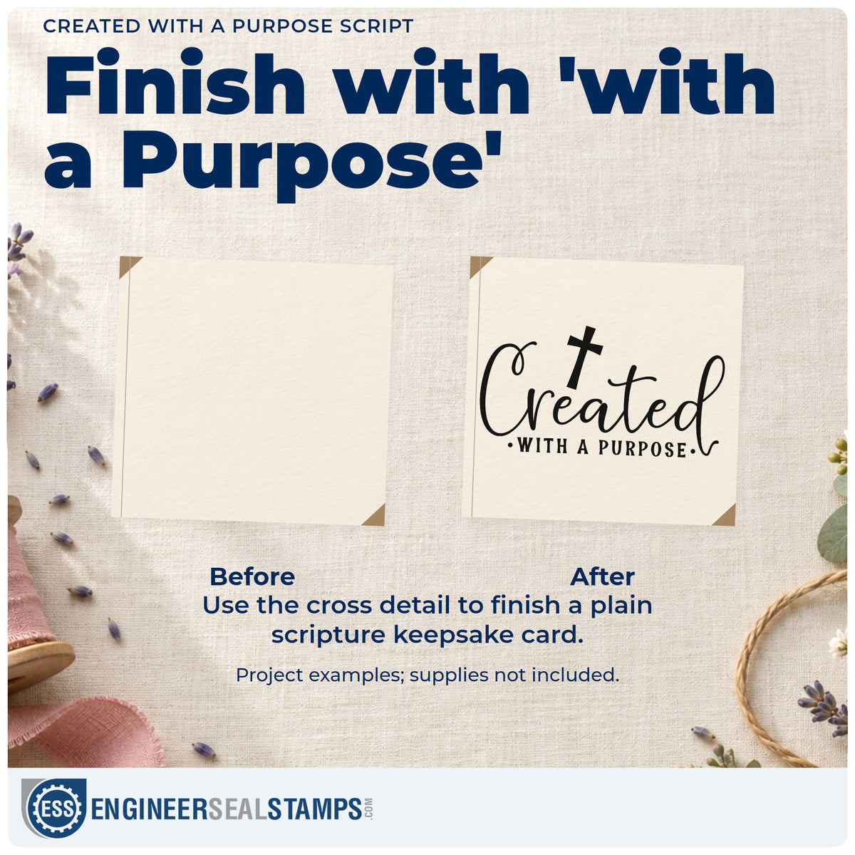Before and after of a plain item finished with the Created With A Purpose Script Lettering Self-Inking Stamp, a quick upgrade for maker hang tags.