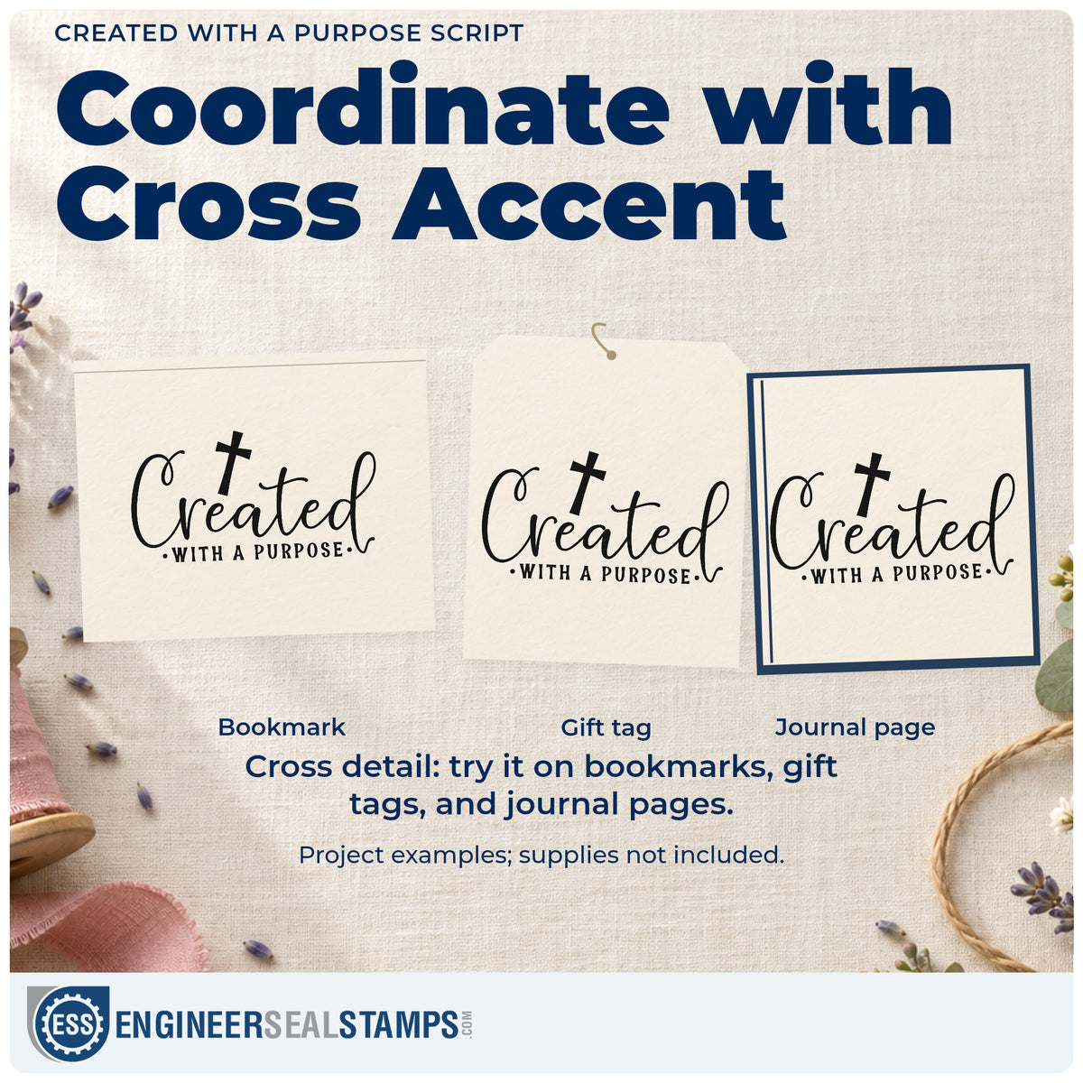 Three project examples made with the Created With A Purpose Script Lettering Slim Pre-Inked Stamp, including talent scrapbooks.