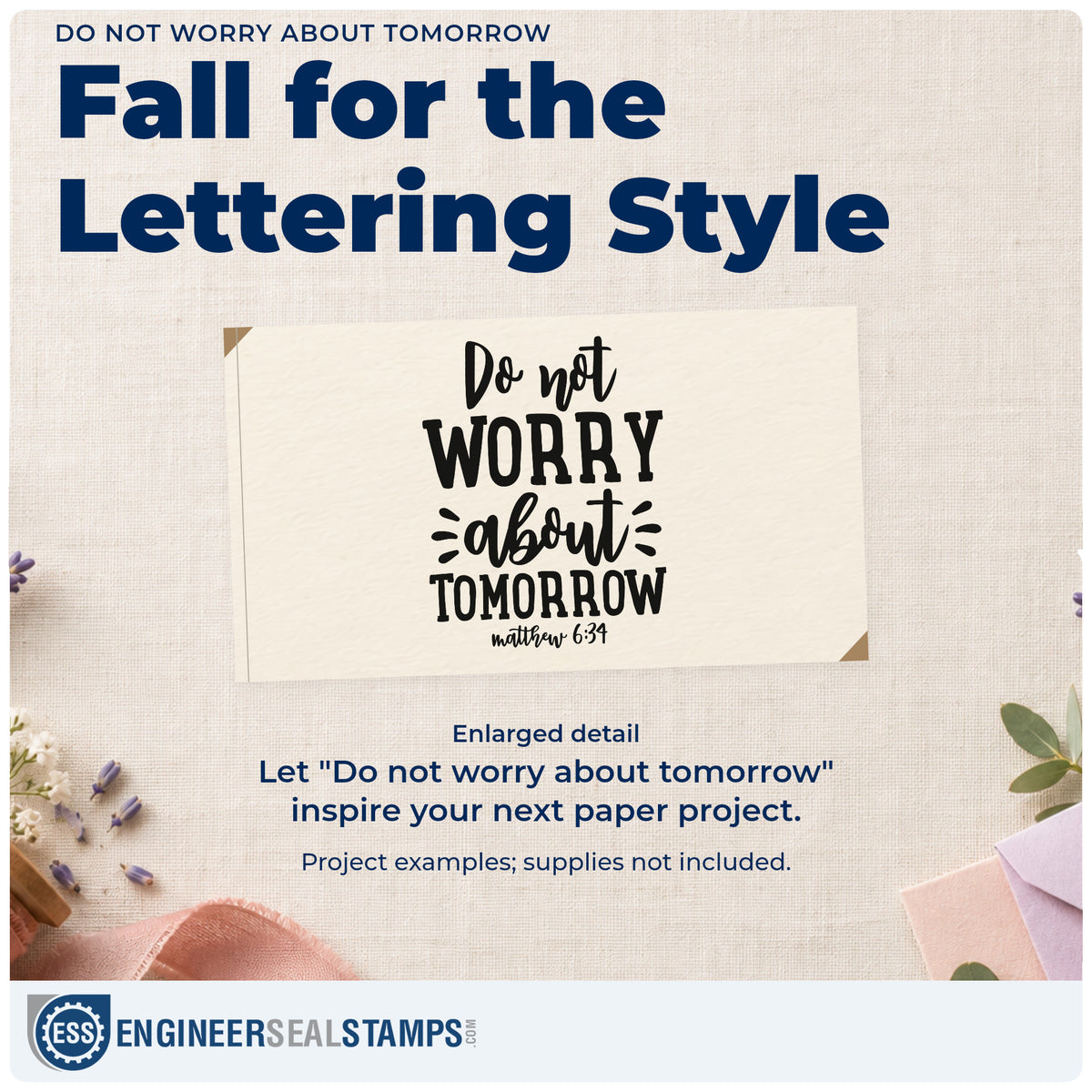 Enlarged detail of the Do Not Worry About Tomorrow Hand Stamp – Duo imprint. Mixed lettering reads "Do not worry about tomorrow," with decorative marks and Matthew 6:34.