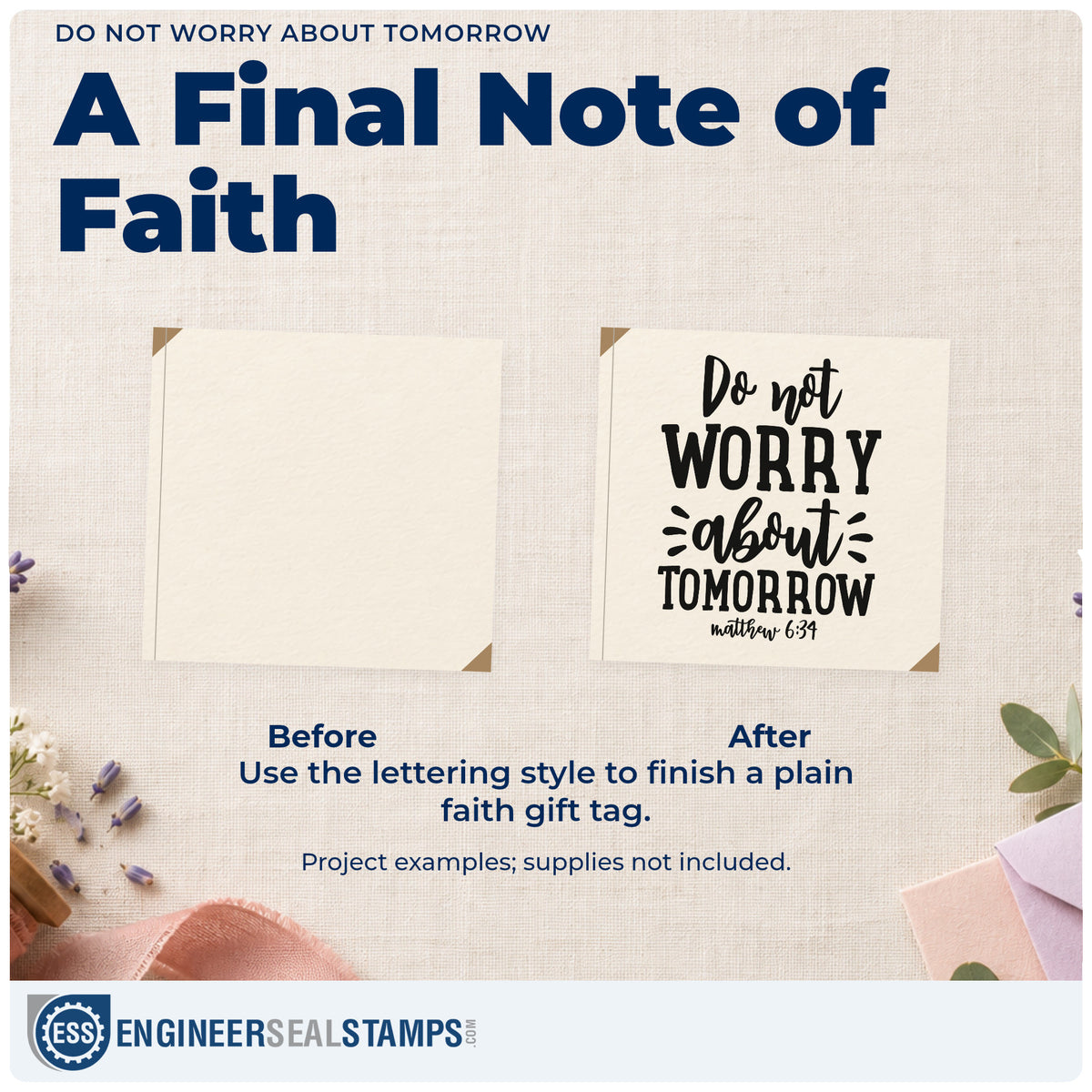 Before and after of a plain item finished with the Do Not Worry About Tomorrow Stamp – Slim Pre-Inked, a quick upgrade for planner weekly headers.