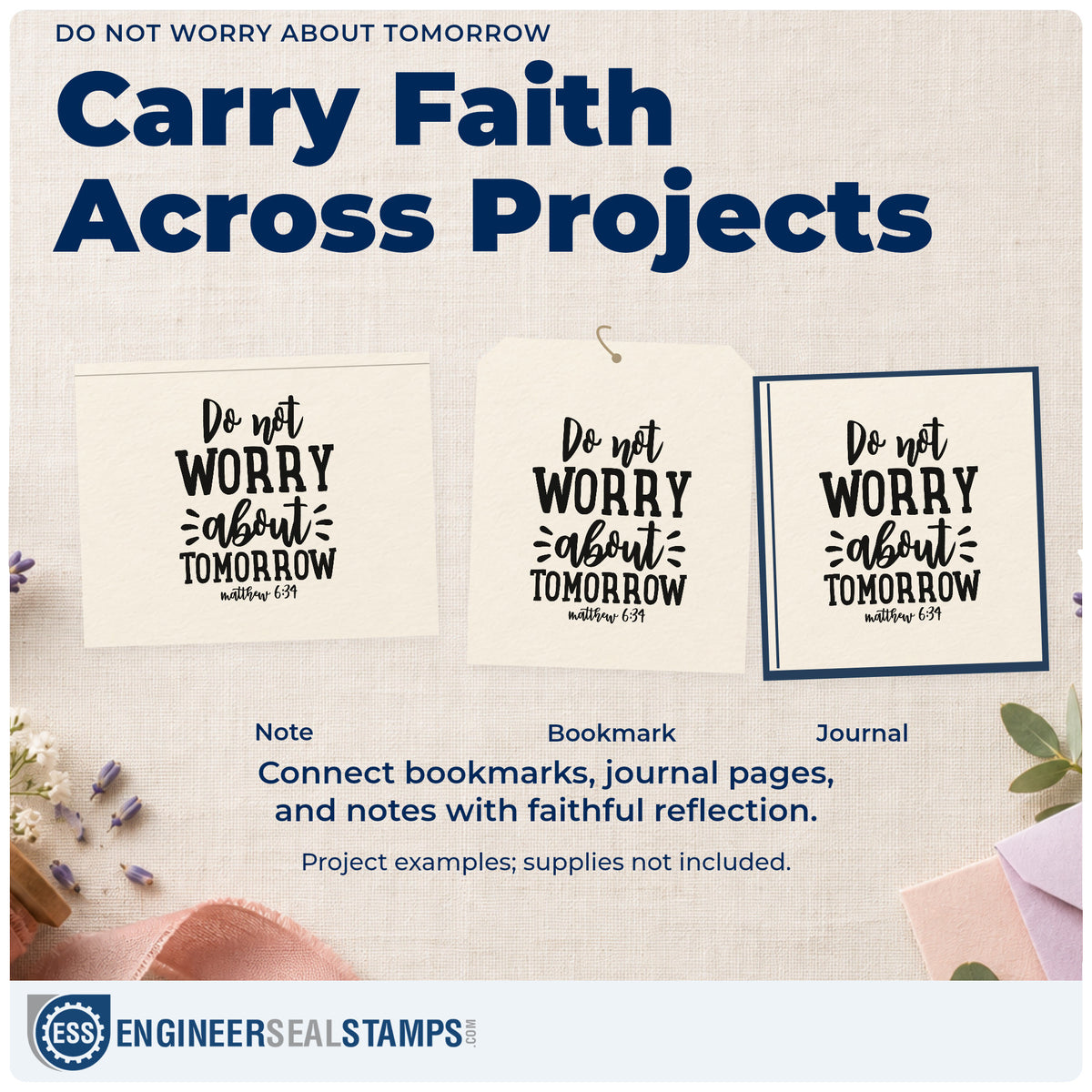 Three project examples made with the Do Not Worry About Tomorrow Hand Stamp – Duo, including present moment pages.