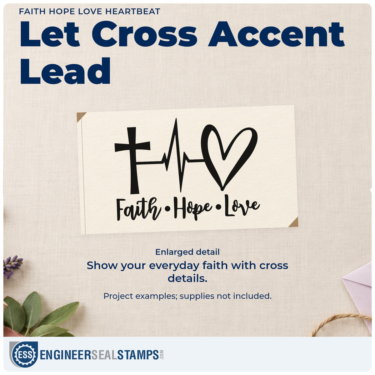 Enlarged detail of the Faith Hope Love Heartbeat With Cross Pre-Inked Stamp – PSI imprint. A cross, heartbeat line, and outlined heart sit above "Faith, hope, love."