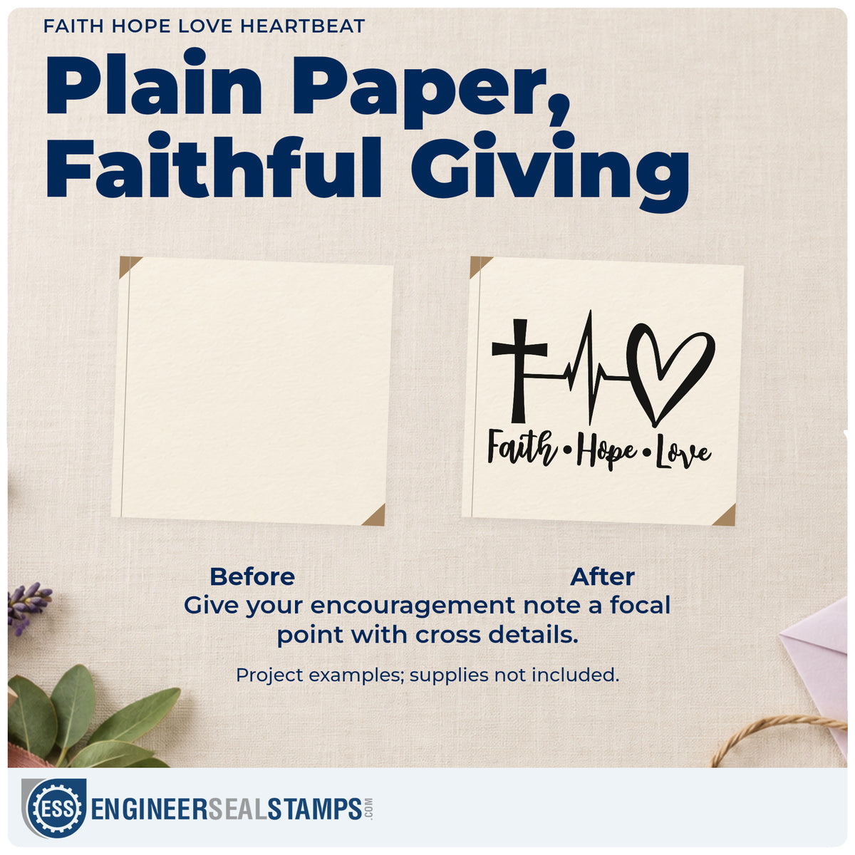 Before and after of a plain item finished with the Faith Hope Love Heartbeat With Cross Pre-Inked Stamp – PSI, a quick upgrade for doctor office cards.