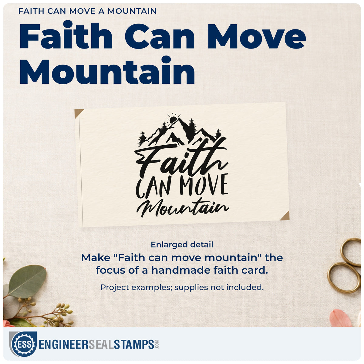 Enlarged detail of the Faith Can Move A Mountain Premium Wooden Stamp - Vintage Pro imprint. Mountain peaks, trees, and a sun top "Faith can move mountain" in mixed lettering.