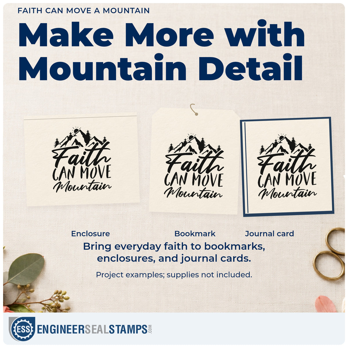 Three project examples made with the Faith Can Move A Mountain Rubber Stamp – Wood Handle, including trail scrapbooks.
