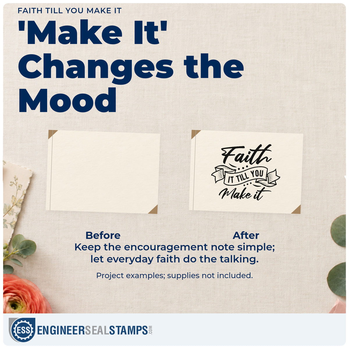 Before and after of a plain item finished with the Faith Make It Banner Lettering PSI Pre-Inked Stamp, a quick upgrade for mirror clings.