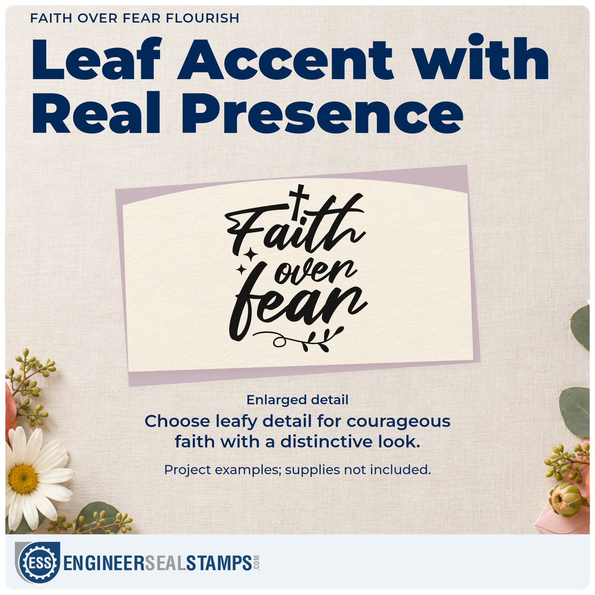 Enlarged detail of the Faith Over Fear Flourish Stamp – Self-Inking imprint. A cross, sparkles, and leafy flourish accent "Faith over fear" script.