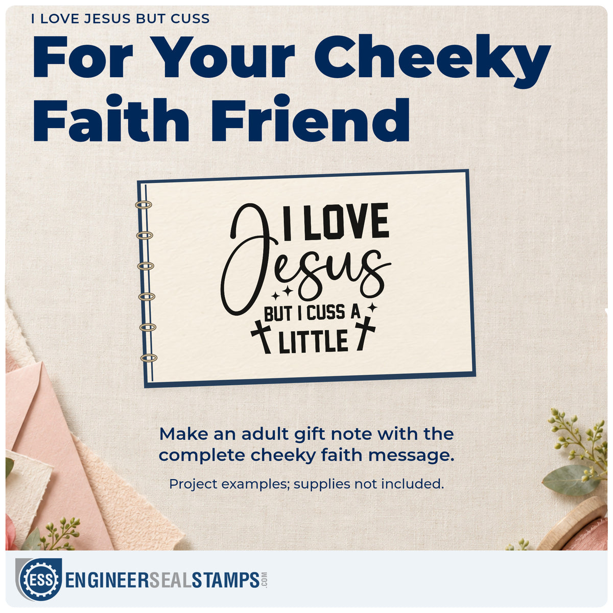 A finished handmade project stamped with the I Love Jesus But Cuss Pre-Inked Stamp – PSI, ideal for birthday gift tags.