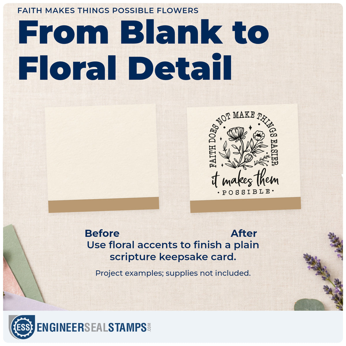 Before and after of a plain item finished with the Faith Makes Things Possible Flowers PSI Pre-Inked Stamp, a quick upgrade for garden seed favors.