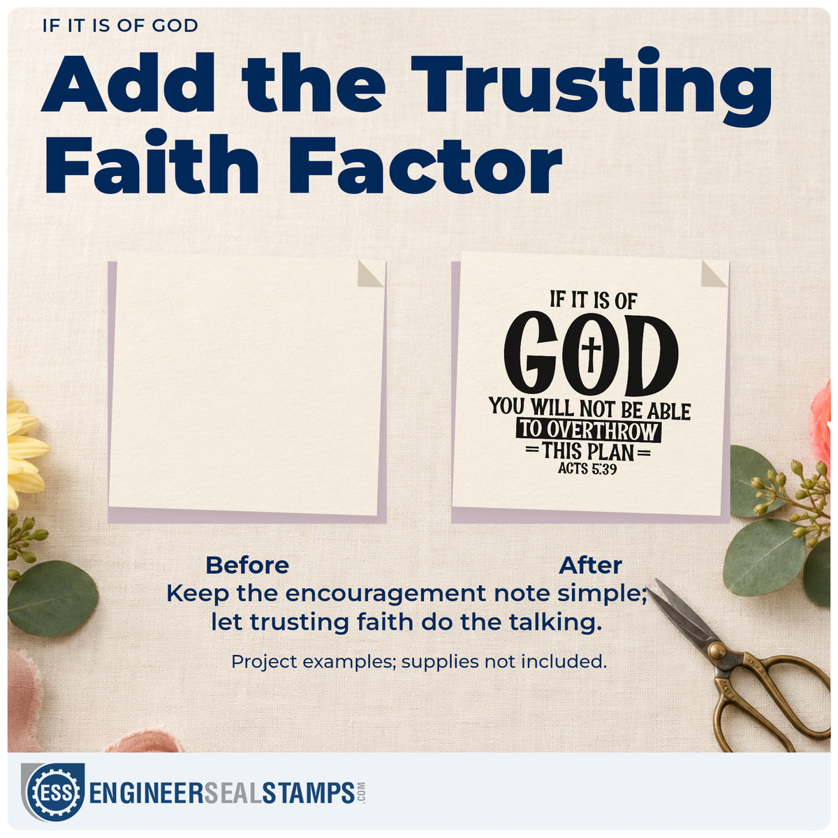 Before and after of a plain item finished with the If It Is Of God With Cross Wood Handle Stamp, a quick upgrade for planner cover stamping.