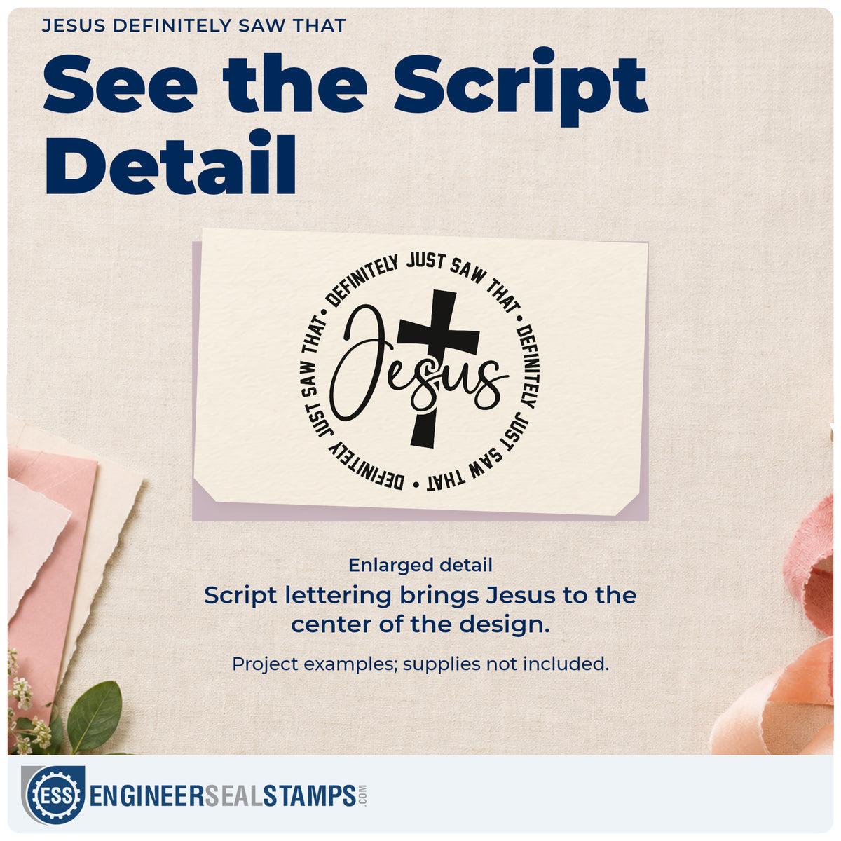 Enlarged detail of the Jesus Definitely Saw That Stamp – Self-Inking imprint. A cross and large "Jesus" script sit inside a repeating circular "Definitely just saw that" border.