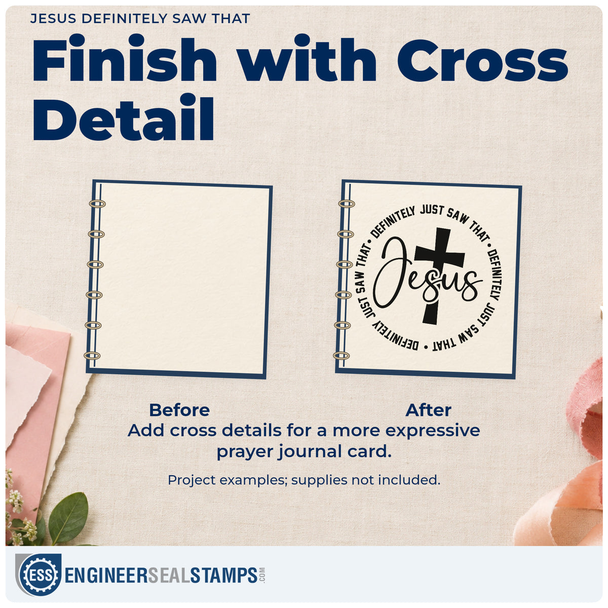 Before and after of a plain item finished with the Jesus Definitely Saw That PSI Pre-Inked Stamp, a quick upgrade for cookie jar labels.