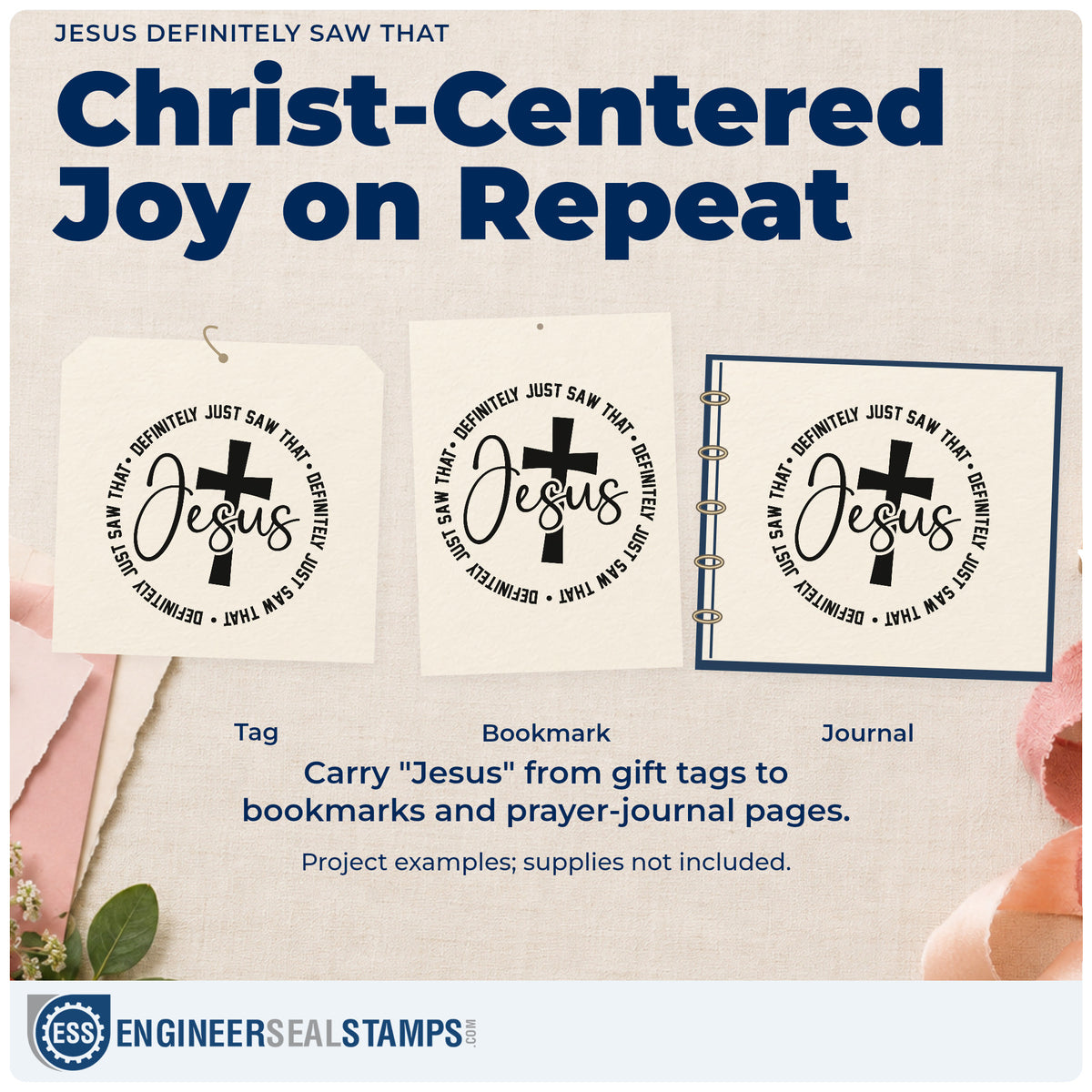 Three project examples made with the Jesus Definitely Saw That Stamp – Slim Pre-Inked, including caught mid-laugh pages.