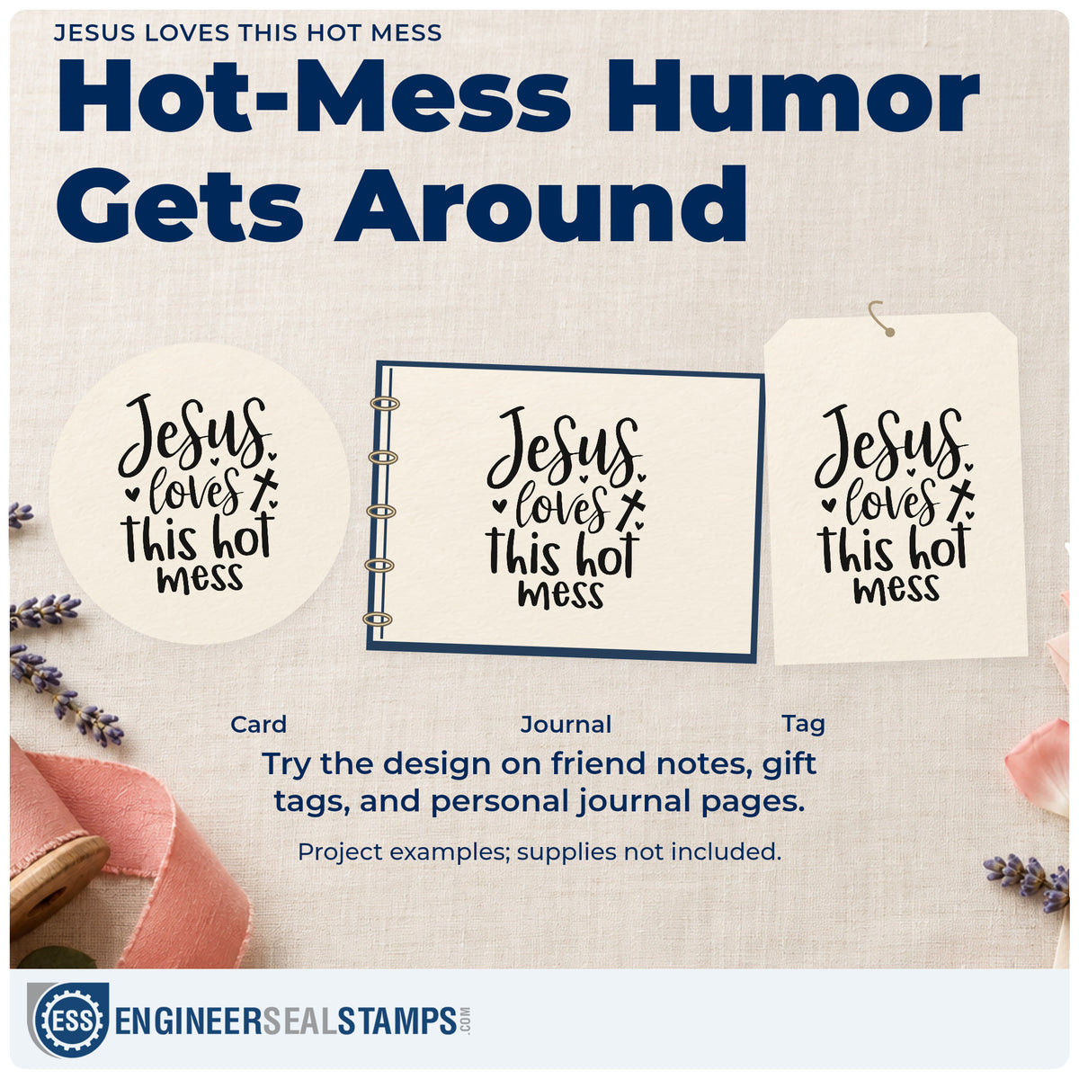 Three project examples made with the Premium Wooden Jesus Loves This Hot Mess With Cross Stamp - Vintage Pro, including chaos scrapbooks.