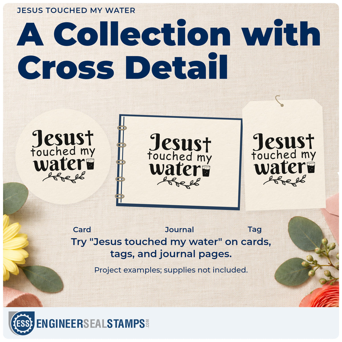 Three project examples made with the Jesus Touched My Water Pre-Inked Stamp – Slim, including girls' night pages.