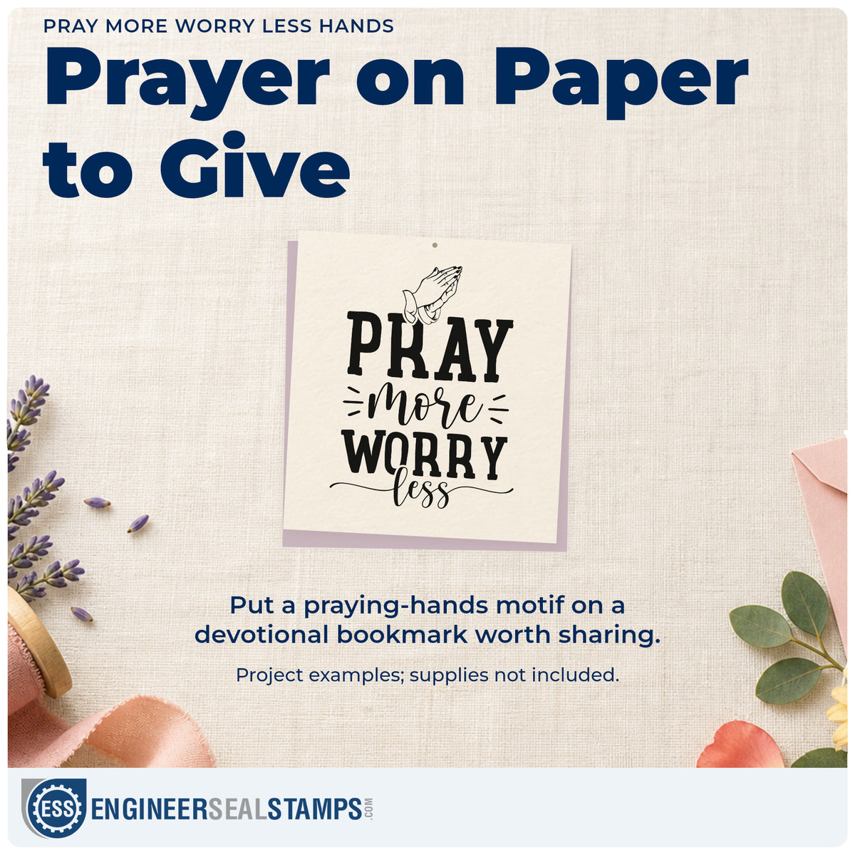 A finished handmade project stamped with the Pray More Worry Less Hands Compact Pre-Inked Stamp – Slim, ideal for kitchen wall art.