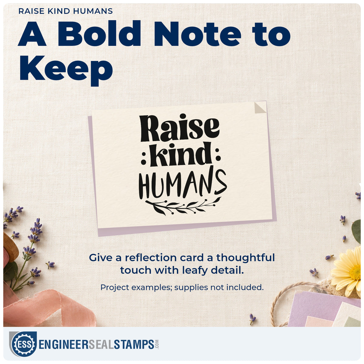 A finished handmade project stamped with the PSI Pre-Inked Raise Kind Humans Stamp, ideal for baby shower gifts.