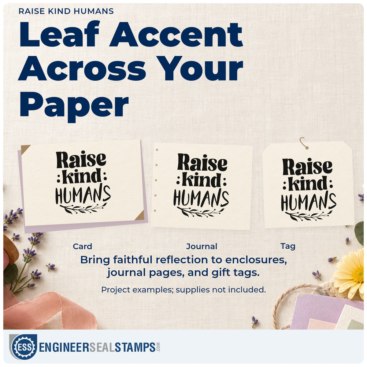 Three project examples made with the Raise Kind Humans Rubber Stamp – Wood Handle, including family scrapbooks.
