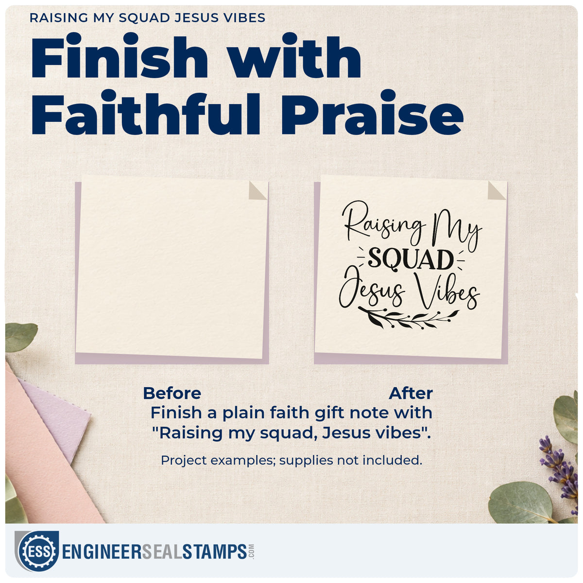 Before and after of a plain item finished with the Raising My Squad, Jesus Vibes Leaf Accents Self-Inking Craft Stamp, a quick upgrade for minivan visor cards.