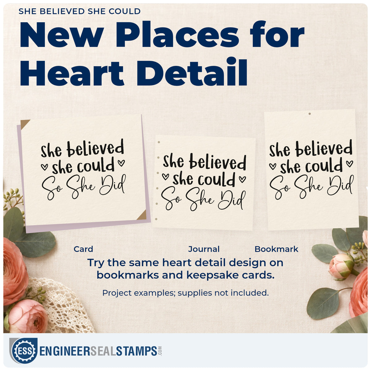 Three project examples made with the She Believed She Could, So She Did PSI Pre-Inked Stamp, including achievement pages.