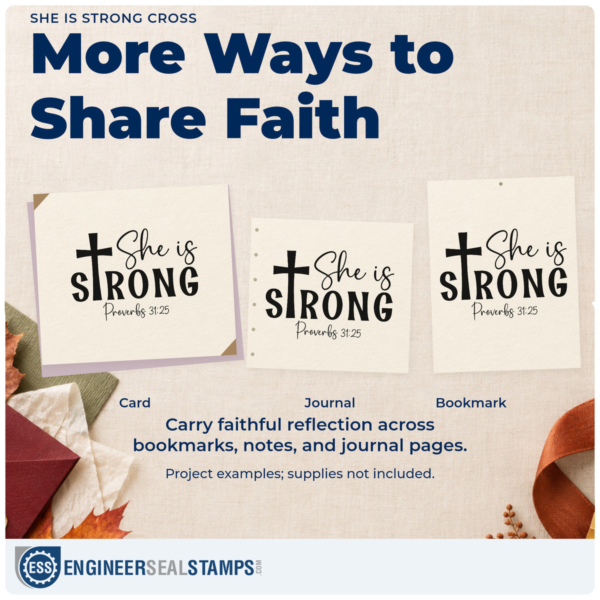 Three project examples made with the Self-Inking She Is Strong Stamp, including tribute scrapbooks.