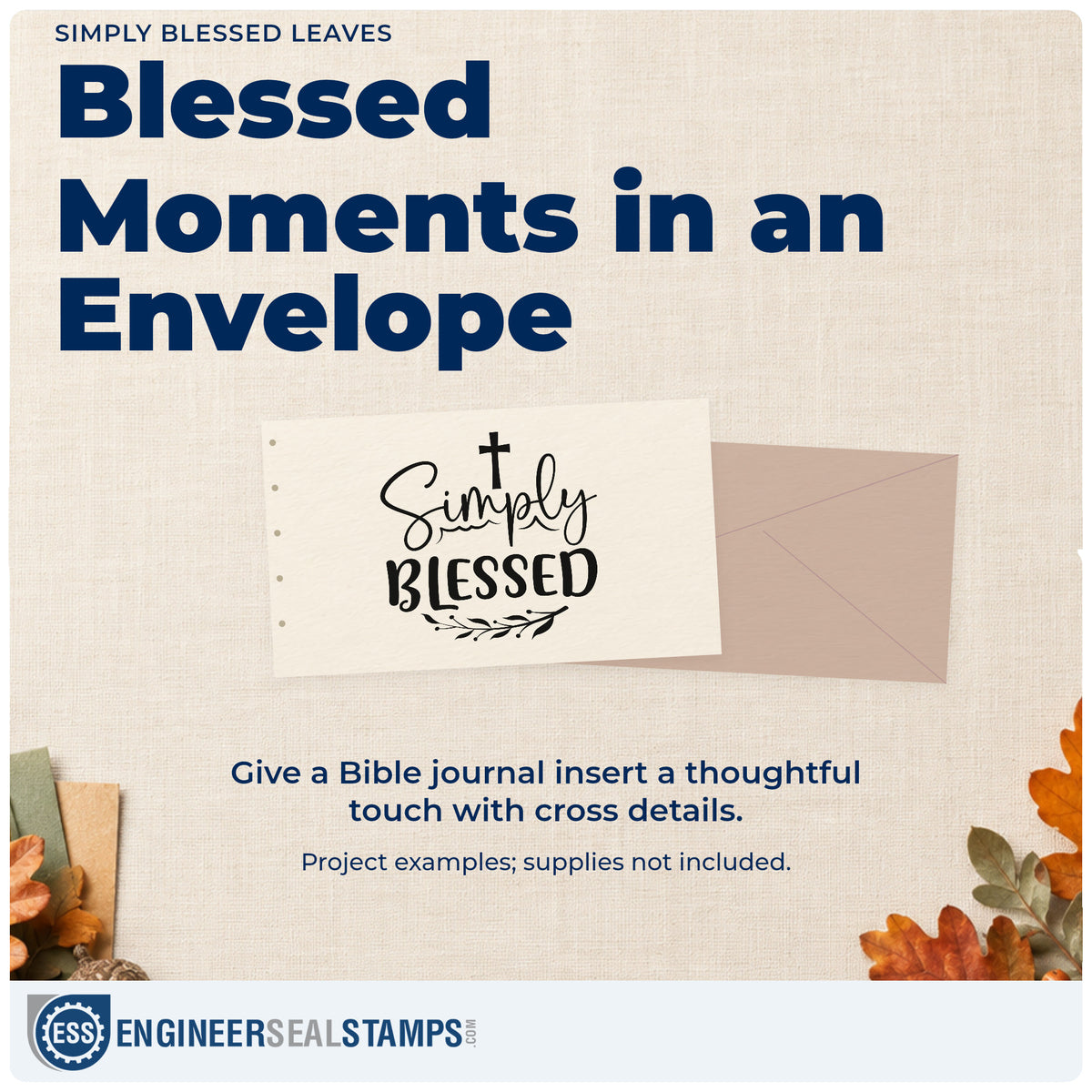 A finished handmade project stamped with the Wood Handle Simply Blessed Leaves Rubber Stamp, ideal for thanksgiving place cards.
