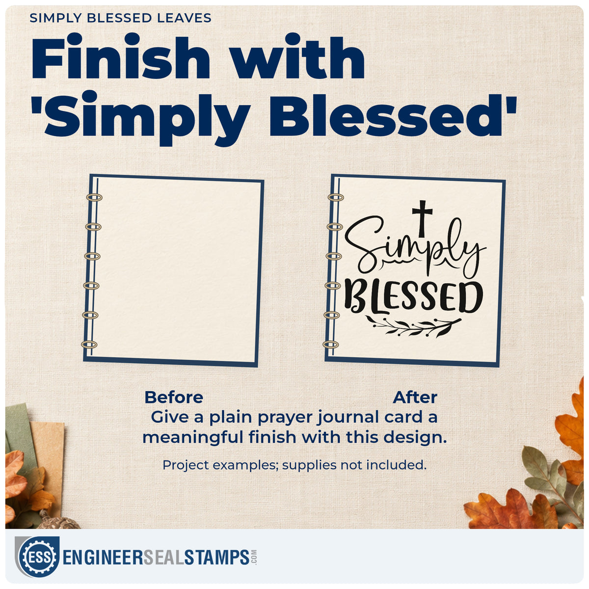 Before and after of a plain item finished with the Wood Handle Simply Blessed Leaves Rubber Stamp, a quick upgrade for farmhouse wall art.