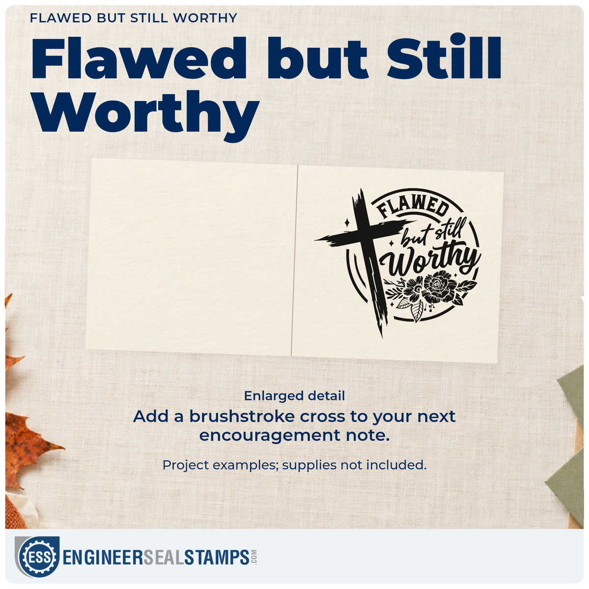 Enlarged detail of the Flawed But Still Worthy Brushstroke Cross Wood Handle Stamp imprint. A brushstroke cross and rose overlap a circular "Flawed but still worthy" design.