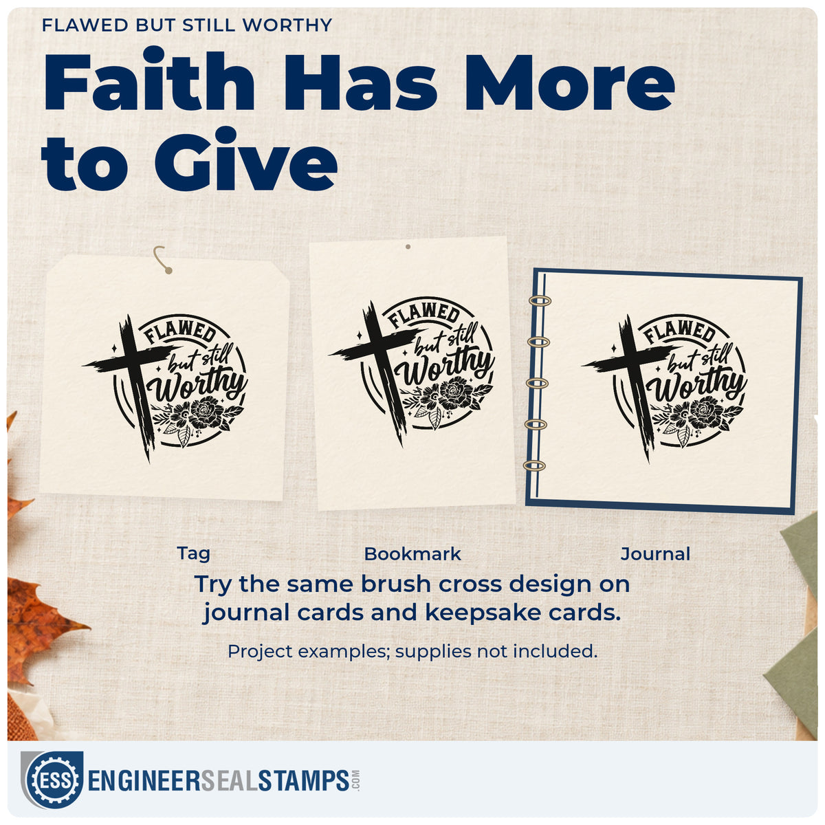 Three project examples made with the Flawed But Still Worthy Brushstroke Cross Slim Pre-Inked Stamp, including healing scrapbooks.