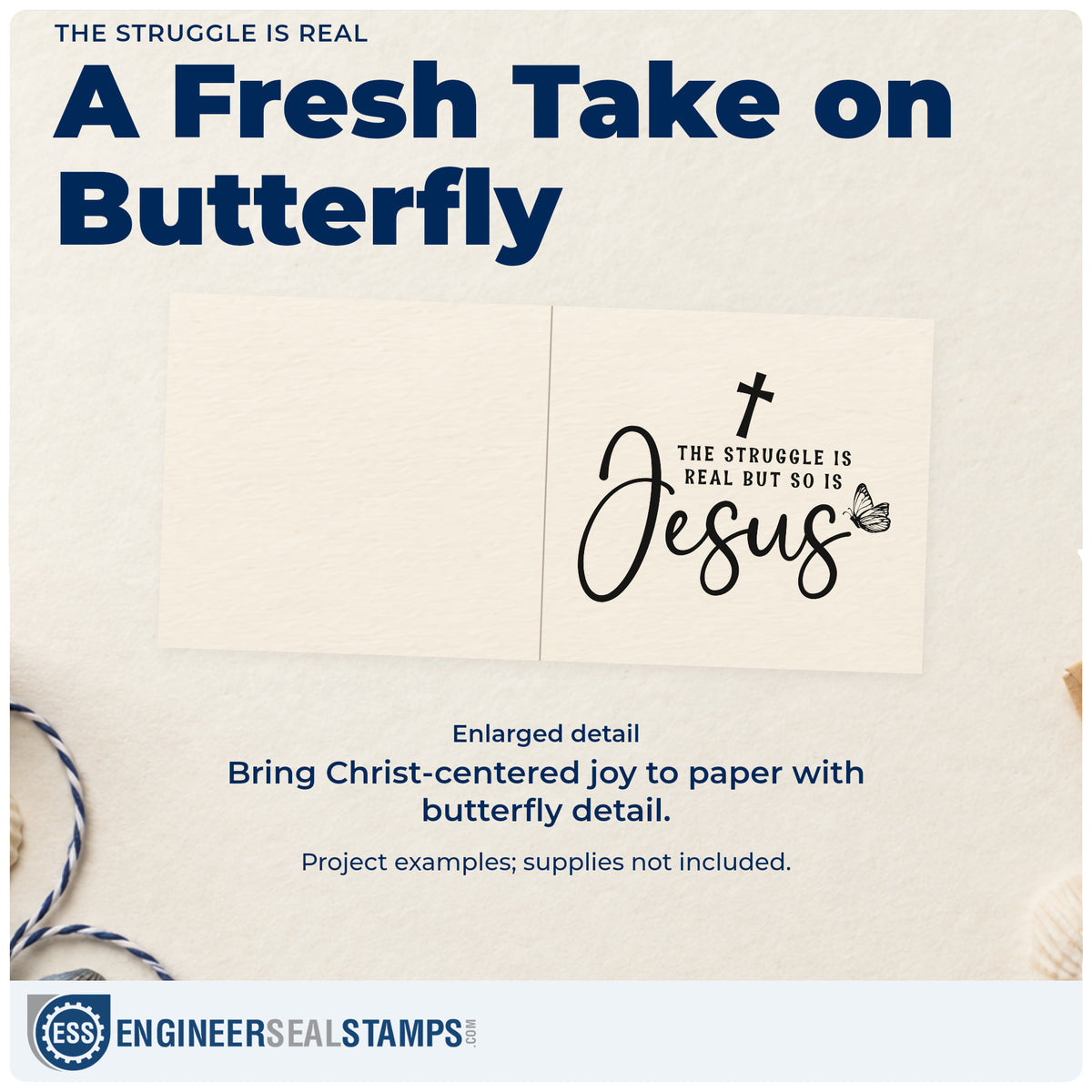 Enlarged detail of the The Struggle Is Real Rubber Stamp – Wood Handle imprint. A cross and butterfly accompany "The struggle is real but so is Jesus," with "Jesus" in large script.