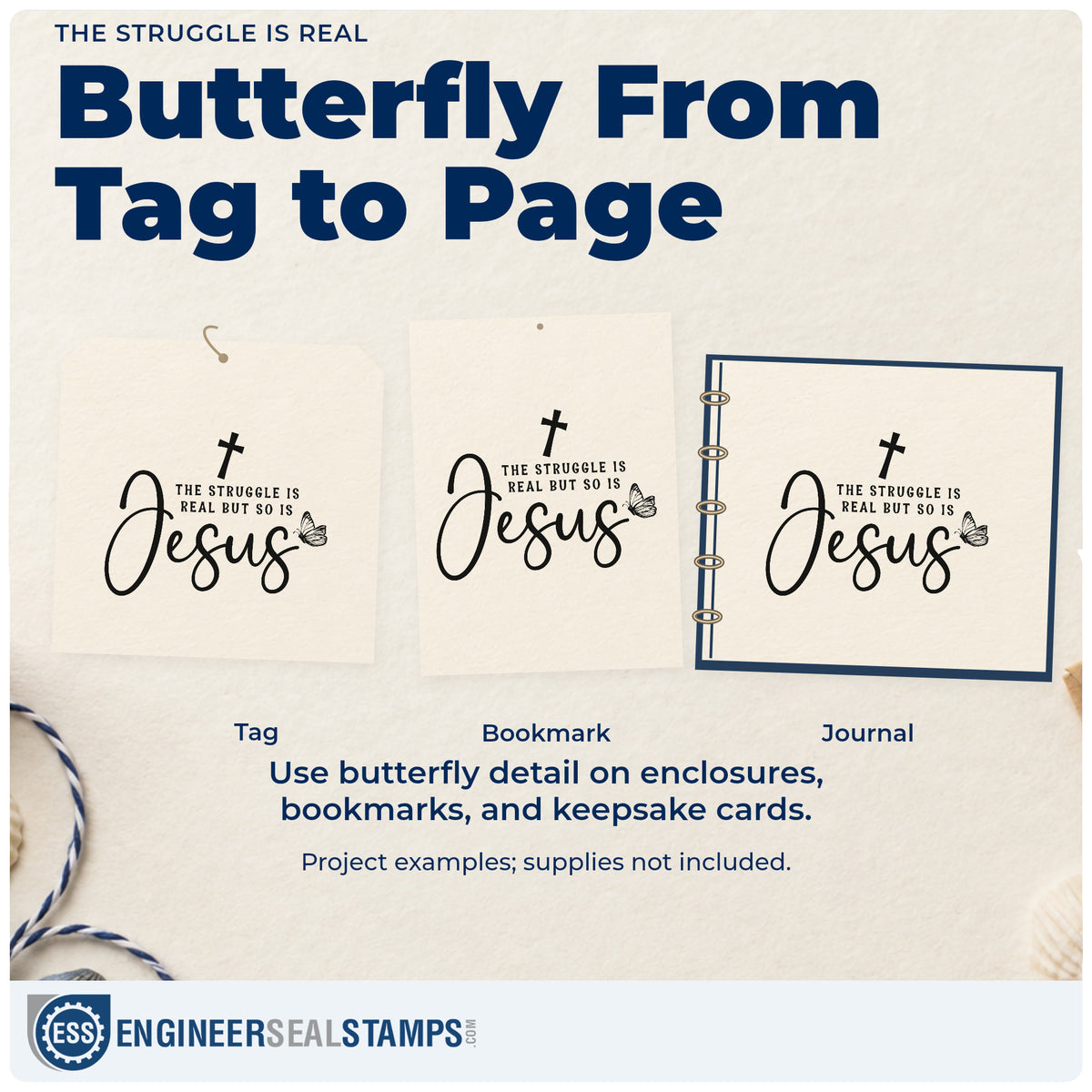 Three project examples made with the The Struggle Is Real Hand Stamp – Duo, including rough year pages.