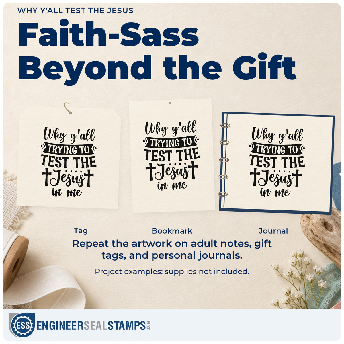 Three project examples made with the Why Y'all Test The Jesus Rubber Stamp – Duo Hand, including real talk pages.
