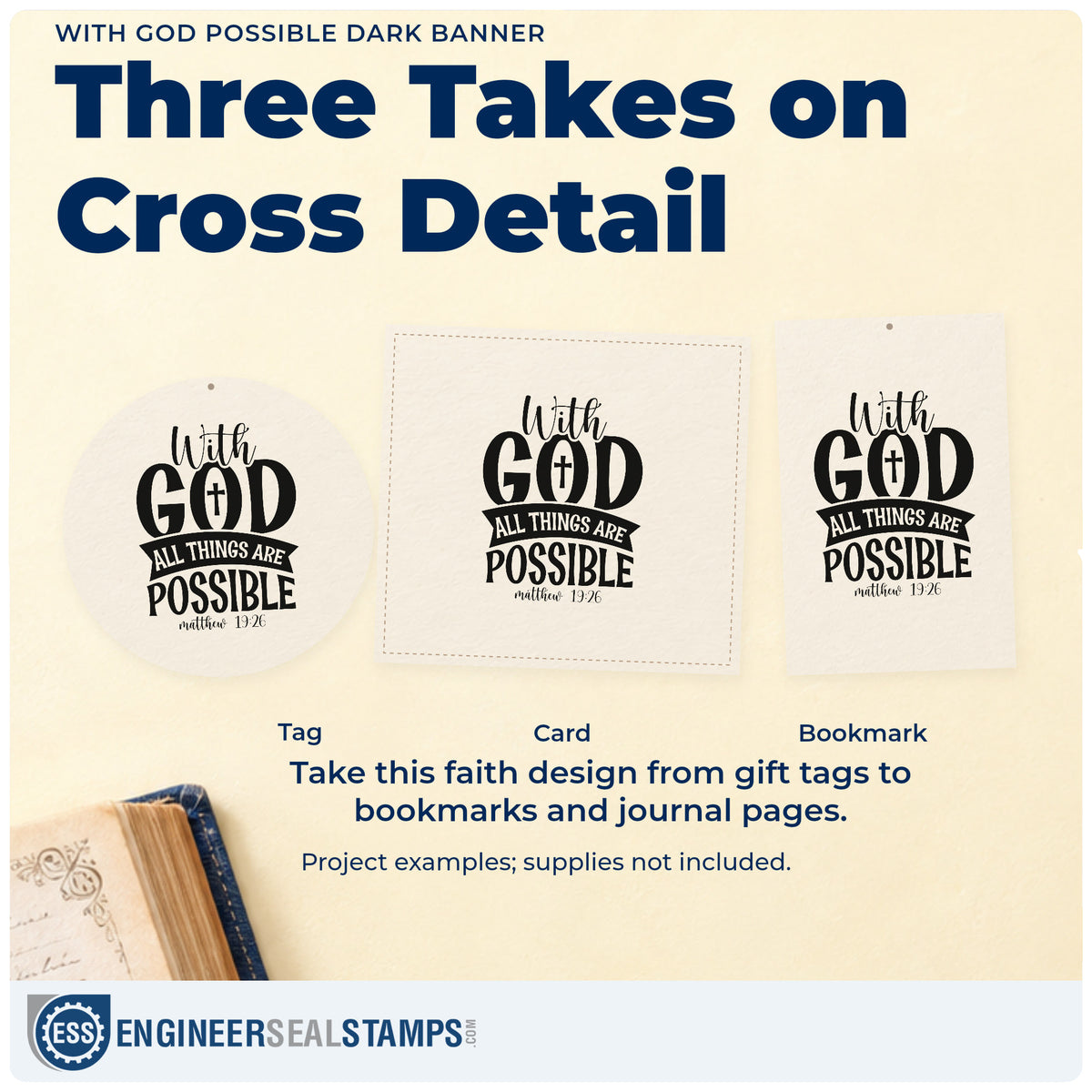 Three project examples made with the Vintage Pro With God All Things Are Possible Solid Banner Premium Wooden Stamp, including dream scrapbooks.
