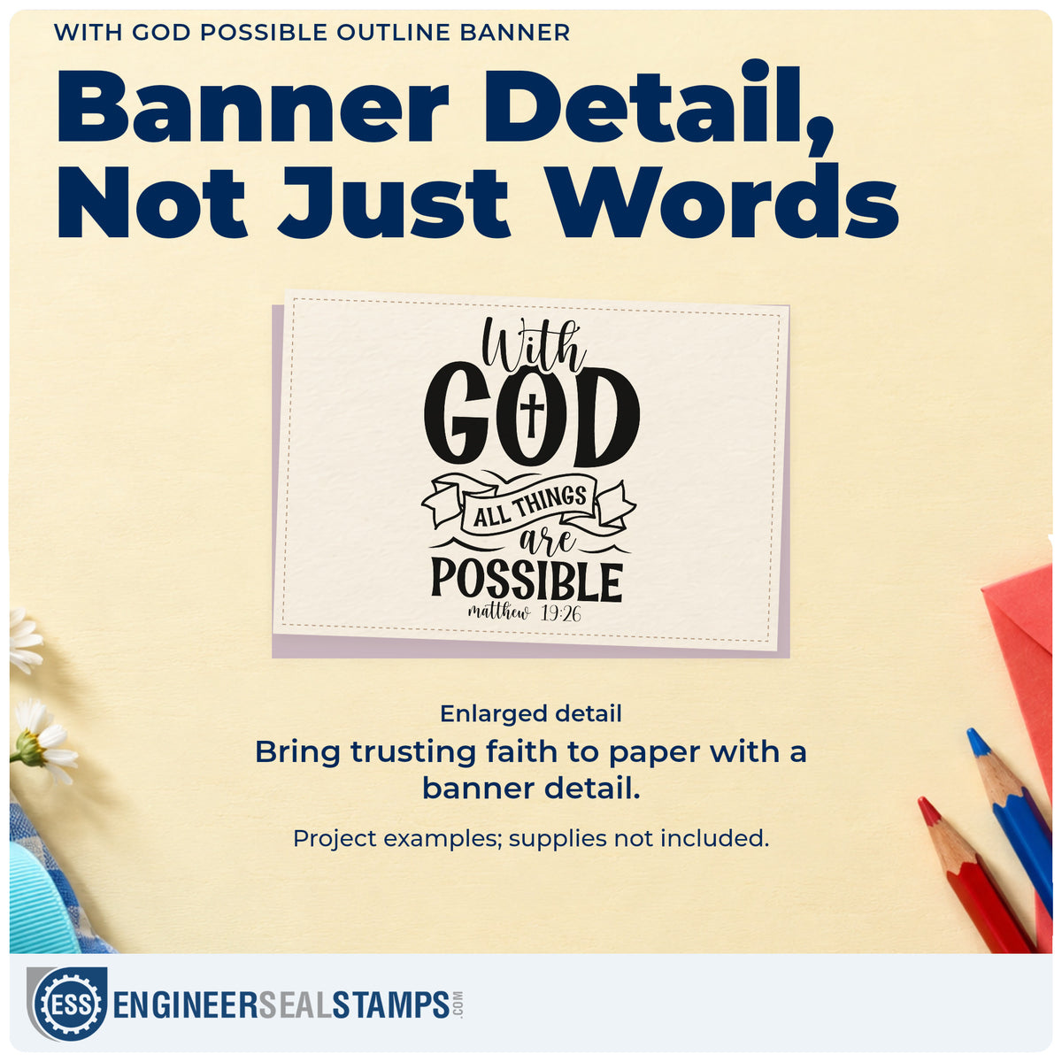 Enlarged detail of the With God All Things Are Possible Outline Banner With Cross Compact Pre-Inked Stamp – Slim imprint. A cross fills the O in "God," above an outlined "All things" ribbon, "Are possible," and Matthew 19:26.