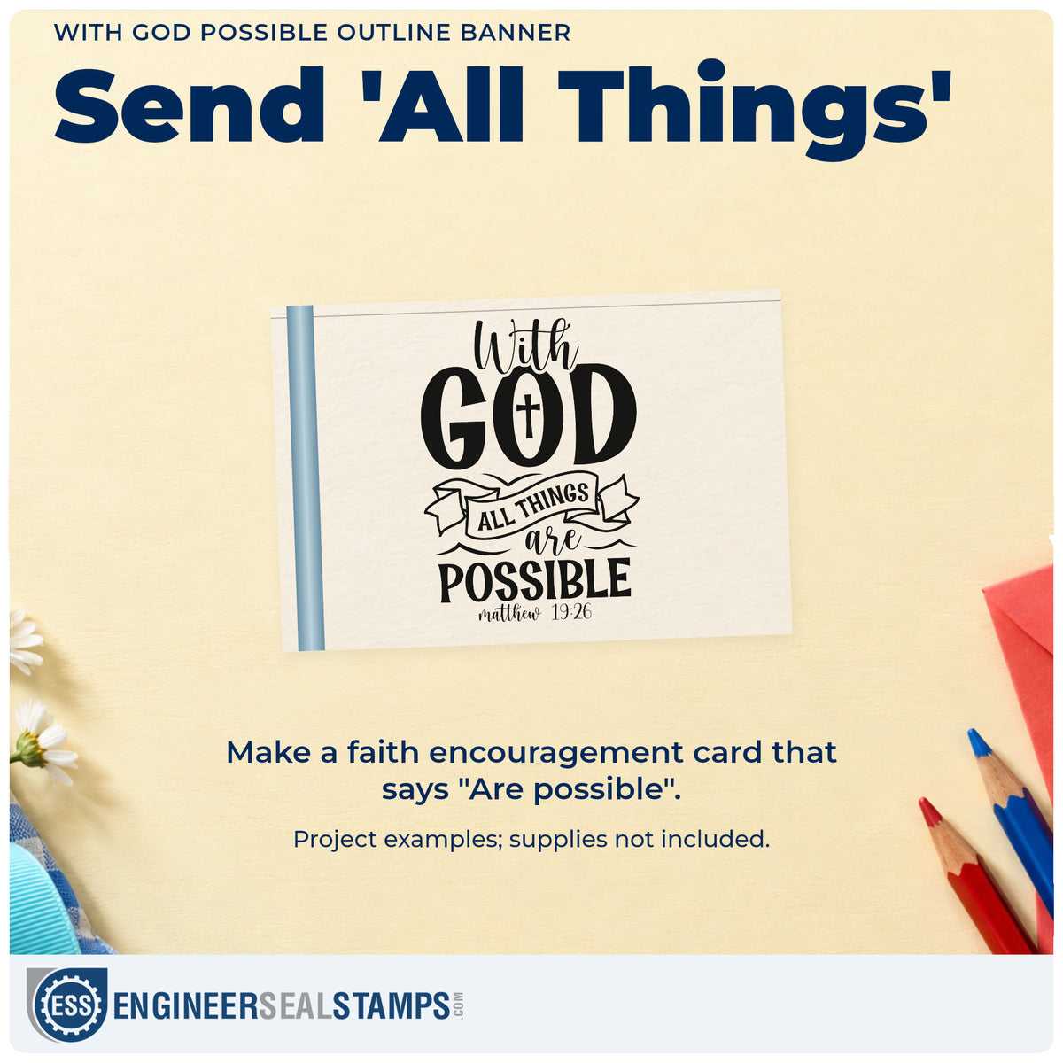 A finished handmade project stamped with the With God All Things Are Possible Outline Banner With Cross Premium Wooden Stamp - Vintage Pro, ideal for birthday cards.