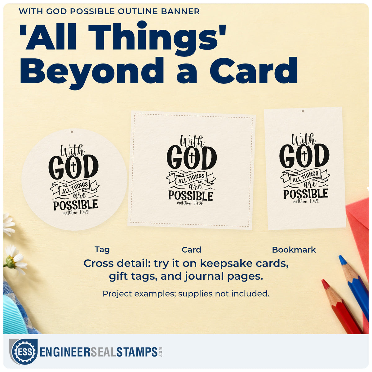 Three project examples made with the With God All Things Are Possible Outline Banner With Cross Self-Inking Stamp, including milestone scrapbooks.