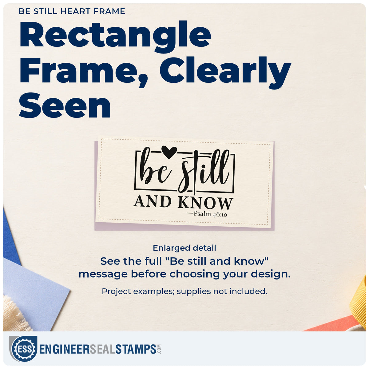 Enlarged detail of the Be Still Heart Frame Rubber Stamp – Wood Handle imprint. A rectangular outline and heart accent "Be still and know," with Psalm 46:10 below.