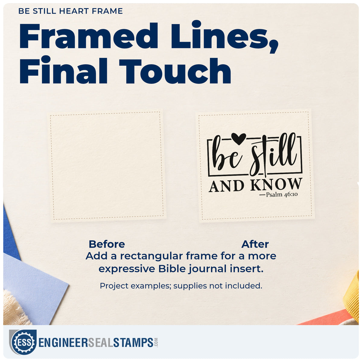 Before and after of a plain item finished with the Be Still Heart Frame Rubber Stamp – Wood Handle, a quick upgrade for burnout notes.