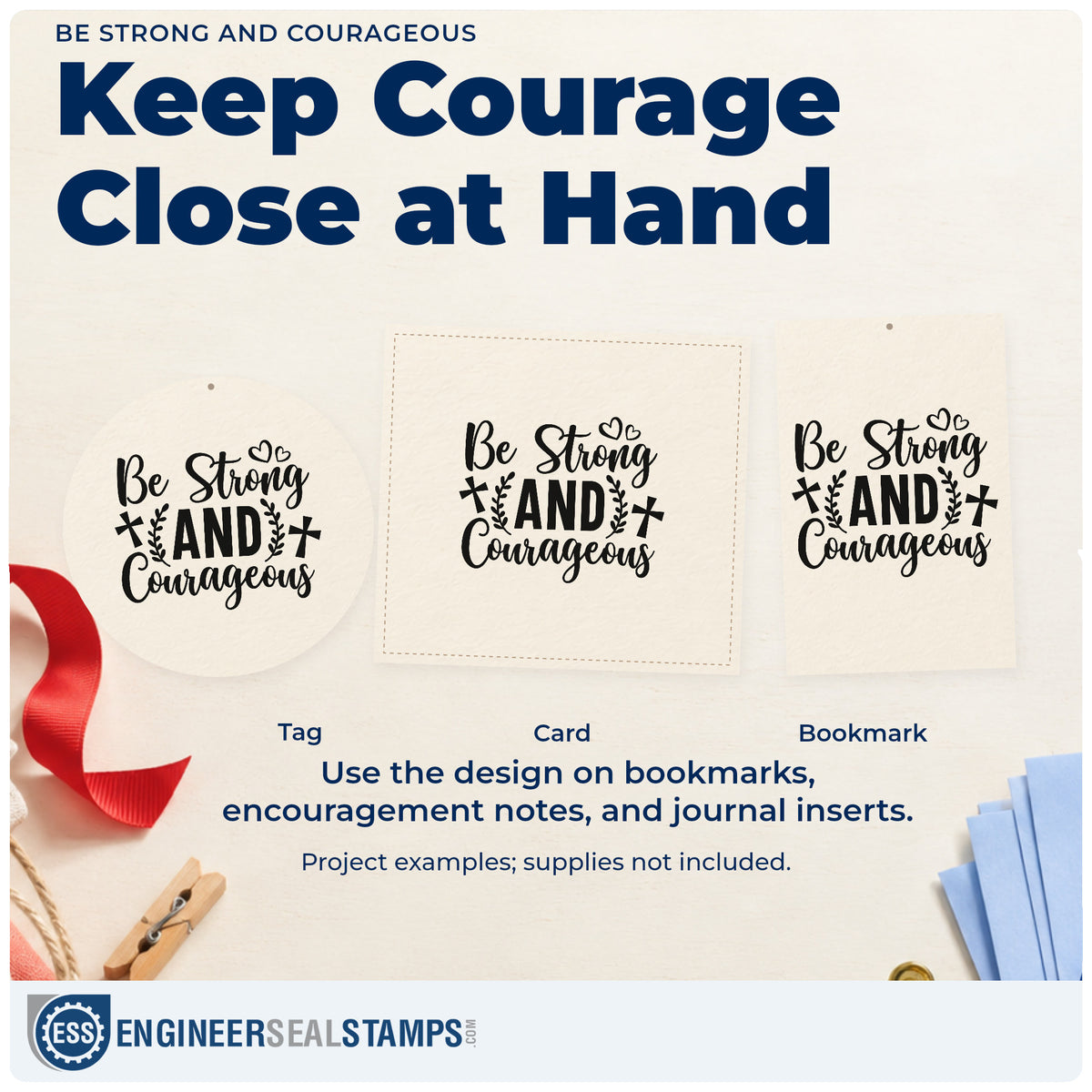 Three project examples made with the Be Strong And Courageous With Cross Wood Handle Stamp, including big move pages.